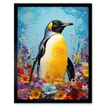 King Penguin in Colourful Floral Flowers Nest Thick Paint Oil Painting Yellow Black Blue Colourful Artwork Art Print Framed Poster Wall Decor 12x16 in