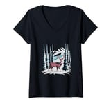 Womens Retro Pop-Art Deer in Forest Scene V-Neck T-Shirt