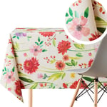 Cream Red Pastel Flower Bloom Wipe Clean Tablecloth - Textil Feel - Rectangle 300x140 cm 118x55in up to 10 Seats - Waterproof Vinyl PVC Wipeable Plastic Beige Table Cloth - Large Outdoor Green Dining