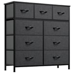 YITAHOME Commode 9 Tiroirs- Meuble de Rangement en Tissu pour Chambre, Salon, Armoire, Couloir- Cadre Robuste en Acier, Dessus en Bois & Bacs à Tissus Faciles à Tirer (Gris Noir)