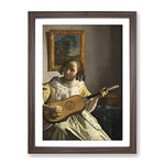 Girl Playing Instrument By Johannes Vermeer Classic Painting Framed Wall Art Print, Ready to Hang Picture for Living Room Bedroom Home Office Décor, Walnut A4 (34 x 25 cm)