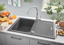 GROHE Kitchen Set of Concetto Tap & K400 Sink – (Granite Gray Quartz Composite Kitchen Sink with Drainer 1 Bowl 347x440x205 mm Full Size 78x50 cm, Chrome Kitchen Tap Size 354 mm Tails 3/8 Inch)