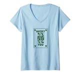 Womens Funny Poker Night, Feeling Lucky Vibes Green Playing Card V-Neck T-Shirt