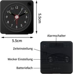 Analoginen herätyskello, tikittävä analoginen herätyskello torkkutoiminnolla ja yövalolla, paristokäyttöinen, hiljainen ja säteilytön, olohuoneeseen, makuuhuoneeseen, toimistoon, matkustamiseen, 5,5 x 2,5 x 5,5 cm (musta) .