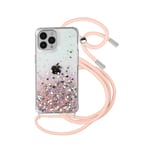 Coque Paillette iPhone 13 Pro Max Cordon Amovible Coins Antichocs Dégradé Rose