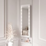 CARME Armoire à bijoux murale en cristal avec miroir et lumières LED et support pour sèche-cheveux Blanc