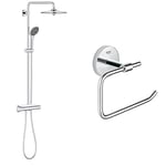 GROHE Chrome Vitalio Joy 26403001 260 Shower System with Thermostat for Wall Mounting, Ø 260 mm & GROHE 40457001 | BAU Cosmopolitan Toilet Roll Holder