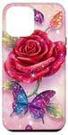 Coque pour iPhone 14 Plus Adorable rose rouge et papillon avec étoiles et papillons roses