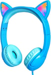 Casque Pour Enfant Audio,Casque Pour Filles Avec Led Lumineuse Oreilles De Chat,Volume Limite A 85Db Pour Les Enfants,Ecouteurs Filaires Pour Ordinateur/Tablette/Ecole/Voyage-Bleu