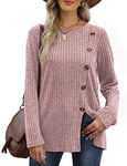 Aokosor Ladies Tops Long Sleeve Womens Lightweight Jumpers Button Front Slit Tunic Pink Size 22-24