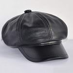 QB Chapeau en Cuir octogonal d'art rétro pour Femmes Automne Hiver décontracté Artiste à Carreaux bérets en Peau de Mouton Femme Chapeaux-Noir, Taille Unique