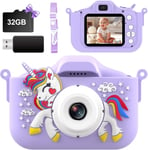 Appareil Photo Numérique Pour Enfant 1080P Avec Couvercle De Caméra Licorne Et Carte Tf De 32 Go, Vidéo Hd Intégrée, 5 Jeux Éducatifs, Zoom 8X, Cadre Photo 44 Et Filtres, Cadeaux Pour Garçons Et