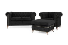 Chesterfield Deluxe Sofagruppe 2-seter+Lenestol+Fotskammel - Svart Fløyel Howard sofagruppe