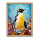 Artery8 King Penguin in Colourful Floral Flowers Nest Thick Paint Oil Painting Yellow Black Blue Colourful Artwork Framed Wall Art Print 18X24 Inch