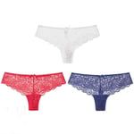 YUHOOE Women's Briefs Knickers,3Pcs Sexy Lace Panties Floral Bow Thong Temptation Charming G-String Underwear Soft Breathable Transparent Lingerie Underpants(White/Navy Blue/Red),Xl(Waist72,80cm)