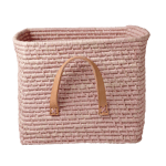 Rice - Small Square Raffia Basket with Leather Handles - Soft Pink