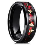 King Will Mens 8mm Black Tungsten Carbide Wedding Ring Red and Gold Foils Inlay Tungsten Ring Wedding Band Beveled Edge V(11)