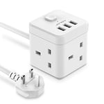 JSVER Cube Extension Lead with USB, 3 Way Power Strip with 3 USB Ports (5V/2.4A) Extension Socket with USB Charging Slots with Switch 2M Cable for Home, Office, Hotel, Travel -White