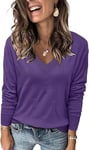 Cuptacc Tee Shirt Manche Longue Femme Pull Col V Shirt Automne Chemisier Confortable Violet,Groß L 42-44