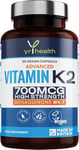 Vitamin K2 MK7 700mcg - High Strength Vitamin K2 Menaquinone - 90 Vegan Society Registered Capsules Not Tablets - Made in The UK by YrHealth