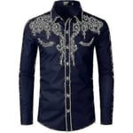 Herr Western Cowboy Skjorta Broderad Långärmad Casual Slim Fit Button Down Skjorta navy blue XL