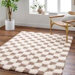 Livabliss Mabini Shaggy Rug - Modern Area Rugs Living Room 160x220 cm, Soft Shaggy Rugs for Bedroom - Geometric Abstract Fluffy Rug, Easy Care Plush Thick Pile - Large Rug, Cream and Dark Brown Rug