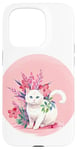 Coque pour iPhone 15 Pro Chat blanc mignon, fond rose, art floral