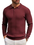 COOFANDY Men's Polo Collar Pullover Long Sleeve Fine Knit Polo Knitted Jumper Basic Plain Men's Jumper Polo Shirt, wine red, L