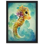 Doppelganger33 LTD Cute Baby Seahorse Kids Bedroom Watercolour Illustration Artwork Framed A3 Wall Art Print