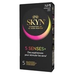 SKYN 5 Senses + : Boite de 5 Préservatifs masculins sans latex, matière Skynfeel, 1x Intensément Perlé, 2x Saveur Cocktail, 1x Elite (Ultra Fin), 1X Chauffant pour stimuler les sens