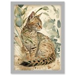 Spotted Fur Coat Bengal Cat in Nature Pastel Watercolour Illustration Artwork Framed Wall Art Print A4