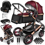 KIDUKU® Poussette Combinée 3 en 1 | Trio pour Enfants | Siége Auto Légère, Piable | Nacelle Souple Convertible | Set de Voyage (Bordeaux)