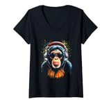 Womens Funky DJ Monkey with Shades and Headphones V-Neck T-Shirt