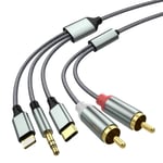 câble rca pour iphone(2.3M), câble rca jack 3.5mm mâles vers 2 rca mâles, Type-C vers 2 RCA (câble RCA 3 en 1) pour téléphone, tablette, lecteur MP3, Pod, amplificateur, compatible Lightning