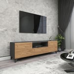 Meuble TV Torsby à portes avec espace de rangement 140 x 30 x 46 cm anthracite effet chêne [en.casa]