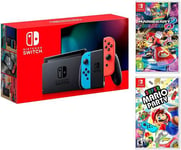 Pack Console Nintendo Switch Rouge/Bleu Néon 32Go [Nouveau modèle V2] - Manette JoyCon + Support - jeu Super Mario Party et Mario Kart 8 Deluxe