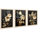 3Pcs Fleurs 3D en Or Noir Cadre en Bois Impression sur Toile Feuilles Dorées Tropical Image sur Toile Peinture Tableau Decoration Murale Salon Chambre Maison 90x40cm(12"x16"x3pcs) (Pas de plexiglas)