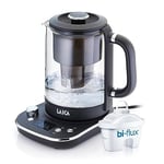 LAICA ISEO Water Filter Electric Kettle, 1L Filtered Capacity, with Variable Temperature Settings + 1 Bi-flux® Tea and Coffee Water Filter Cartridge, 3kw - Glass, (Black)