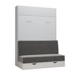 Armoire lit escamotable DYNAMO SOFA canapé tiroirs blanc mat et microfibre gris couchage 160*200