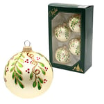 Dekohelden24 Lauschaer Lot de 4 Boules de Noël en crème satinée, décorées à la Main avec Ilex Décoration en Or, Vert et Rouge, avec Couronne dorée, diamètre : env. 6 cm