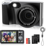 Appareil photo numérique 4K, autofocus 48 MP pour photographie YouTube, appareil photo compact avec flash, zoom numérique 18x, anti-tremblement, photographie macro, carte SD 32 G et 2 piles