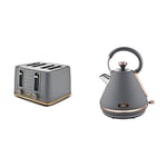 Tower T20061GRY Empire 4-Slice Toaster with Defrost/Reheat, 1600W, Grey and Brass & T10044RGG Cavaletto Pyramid Kettle with Fast Boil, Detachable Filter, 1.7 Litre, 3000 W, Grey and Rose Gold