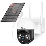 2K Camera Surveillance WiFi Exterieure sans Fil avec Panneau Solaire, 350° Pan PTZ Caméra Solaire sans Fil avec Projecteur, Détection de Mouvement PIR, Vision Nocturne en Couleur