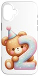 Coque pour iPhone 16 Plus Ours en peluche marron Happy Birthday pour 2ème anniversaire