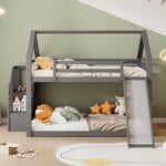 Lit superposé et mezzanine enfant 140x200 cm avec escalier de rangement et toboggans, 1 sommier inclus - gris