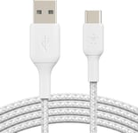 BoostCharge câble USB-C à gaine tressée, câble de recharge USB-C vers USB-A, câble USB Type-C pour iPhone 16, iPhone 15, Samsung Galaxy S24, S23, iPad Pro, Google Pixel, etc., 1 m, blanc