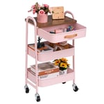 DOEWORKS Chariot de Rangement Métal Chariot à roulettes avec Tiroir Chariot de Service 3 Niveaux Desserte, Chariot Cuisine Chariot Roulant avec Poignée Cuir pour Chambre Salle de Bain Bureau, Rose