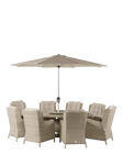 Bramblecrest Chedworth 6-Seater Garden Elliptical Dining Table & Chairs Set with Lazy Susan & Parasol, Sandstone