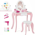 Coiffeuse Enfant Fille 2 en 1, avec Miroir Rotatif &Amovible, Table de Maquillage avec Tiroir, 2 Boîtes de Rangement, Accessoires Inclus, pour