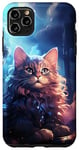 Coque pour iPhone 11 Pro Max Chat animé cosmique assis la nuit nuages bleus lune, art.